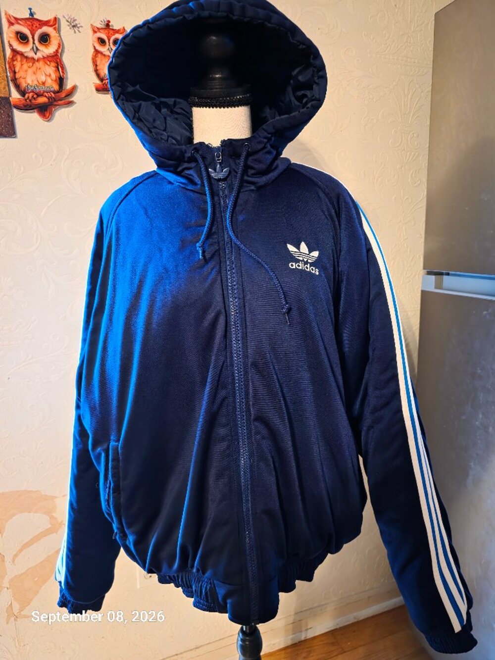 Vintage 90’s Adidas Trefoil Jacket Zip Hooded Navy Blue Puffer Mens#90 's